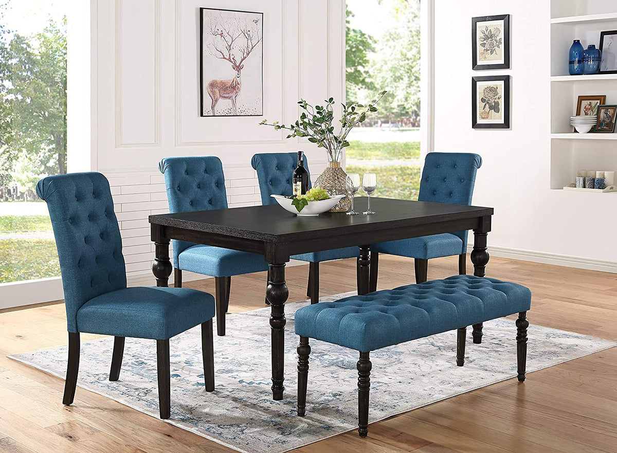 Dining Set, 6 Pieces-Chairs and Bench, Blue-DM77