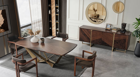 Meyra Gold Metal Leg Walnut Dining Room Set