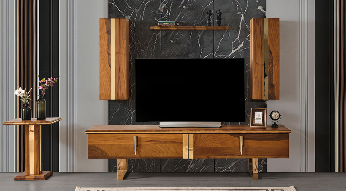 Star Walnut Gold Metal Leg TV Unit