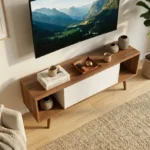 طاولة ووحدة تلفزيون مودرن بتصميم كاسبر مع درفة تخزين وأرفف ميديا - خشب وودي × أوف وايت (140×35×50 سم) خشب طبيعي مودرن وجودة عالية وودجي