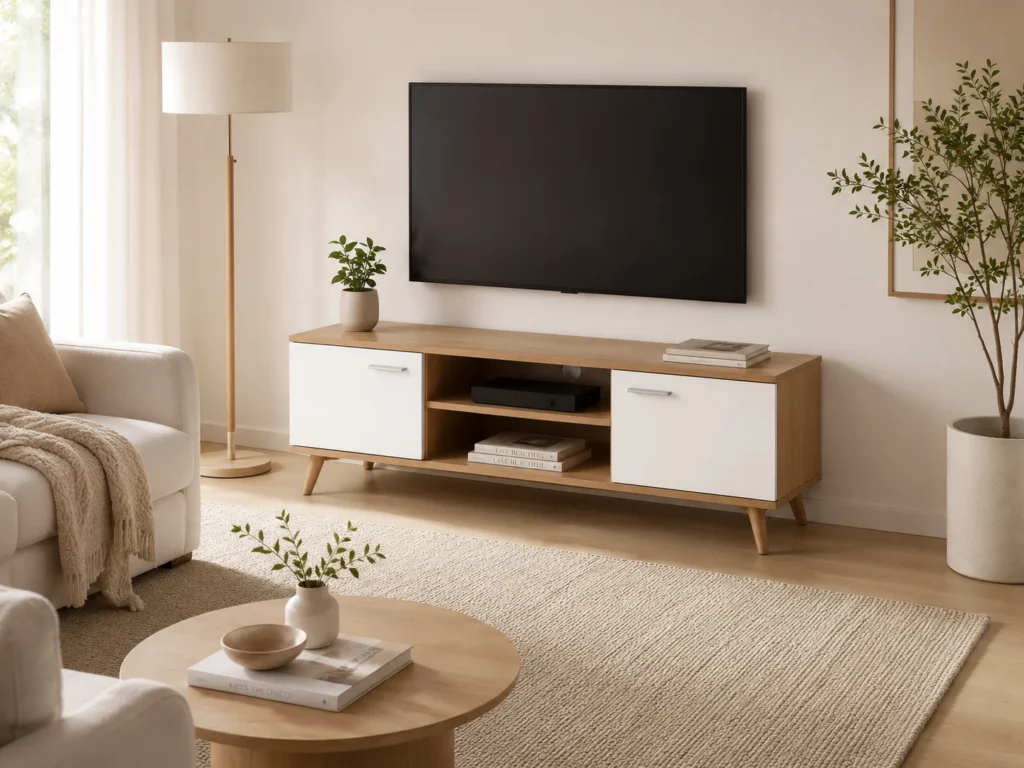 طاولة ووحدة تلفزيون مودرن مينيمال بتصميم فيستا وأرفف ميديا - أبيض مط × خشب وودي (120×30×50 سم) خشب طبيعي مودرن وجودة عالية وودجي