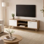 طاولة ووحدة تلفزيون مودرن مينيمال بتصميم فيستا وأرفف ميديا - أبيض مط × خشب وودي (120×30×50 سم) خشب طبيعي مودرن وجودة عالية وودجي