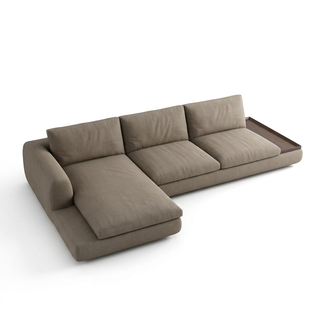 ركنة مودرن حرف L بتصميم إيطالي منخفض مع رف جانبي مدمج وقماش مخمل مط فاخر - 240×160 سم خشب طبيعي مودرن وجودة عالية وودجي