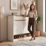 جزامة ووحدة مدخل مودرن بتصميم تريو ليف 3 أبواب مع أرفف تخزين ثنائية - بيج عصري × أبيض مط (120×40×100 سم) خشب طبيعي مودرن وجودة عالية وودجي