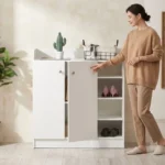 جزامة ووحدة مدخل مودرن بعمق نحيف ببابين وأرفف تنظيمية مفتوحة - أبيض مط ناصع (90×30×100 سم) خشب طبيعي مودرن وجودة عالية وودجي
