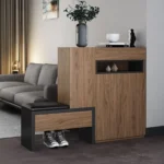 كونسول وجزامة مدخل مودرن فخمة بضلفتين ومقعد جانبي ورف سفلي - أسود ملوكي × بيج وودي (140×35×100 سم) خشب طبيعي مودرن وجودة عالية وودجي