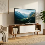 طاولة ووحدة تلفزيون مودرن بتصميم كاسبر مع درفة تخزين وأرفف ميديا - خشب وودي × أوف وايت (140×35×50 سم) خشب طبيعي مودرن وجودة عالية وودجي