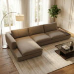 ركنة مودرن حرف L بتصميم إيطالي منخفض مع رف جانبي مدمج وقماش مخمل مط فاخر - 240×160 سم خشب طبيعي مودرن وجودة عالية وودجي