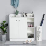 جزامة ووحدة مدخل مودرن بعمق نحيف ببابين وأرفف تنظيمية مفتوحة - أبيض مط ناصع (90×30×100 سم) خشب طبيعي مودرن وجودة عالية وودجي