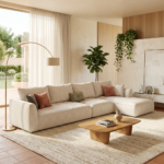 ركنة مودرن حرف L فندقية عريضة مع شازلونج مريح وقماش كتان ناعم فاخر - 280×180 سم خشب طبيعي مودرن وجودة عالية وودجي