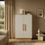 جزامة ووحدة مدخل مودرن 5 أرفف بتصميم إسكندنافي معاصر - أبيض ناصع × خشب طبيعي (80×40×100 سم) خشب طبيعي مودرن وجودة عالية وودجي