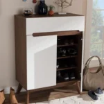 جزامة ووحدة مدخل مودرن ببابين ودرج علوي وأرجل زان طبيعي مرتفعة - أبيض مط × بني داكن (80×40×110 سم) خشب طبيعي مودرن وجودة عالية وودجي