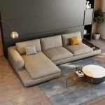 ركنة مودرن حرف L بتصميم إيطالي منخفض مع رف جانبي مدمج وقماش مخمل مط فاخر - 240×160 سم خشب طبيعي مودرن وجودة عالية وودجي