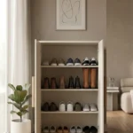 جزامة ووحدة مدخل مودرن 5 أرفف بتصميم إسكندنافي معاصر - أبيض ناصع × خشب طبيعي (80×40×100 سم) خشب طبيعي مودرن وجودة عالية وودجي